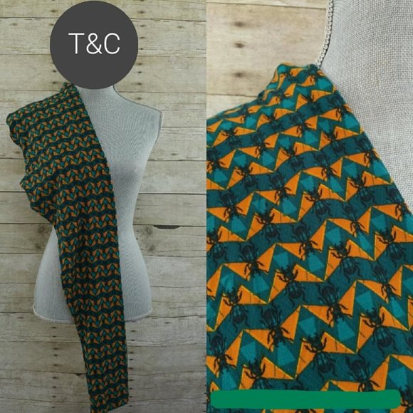 LuLaRoe Leggings Original TC - Black Bugs on Teal & Gold Zig Zag Background - Picture 1 of 1